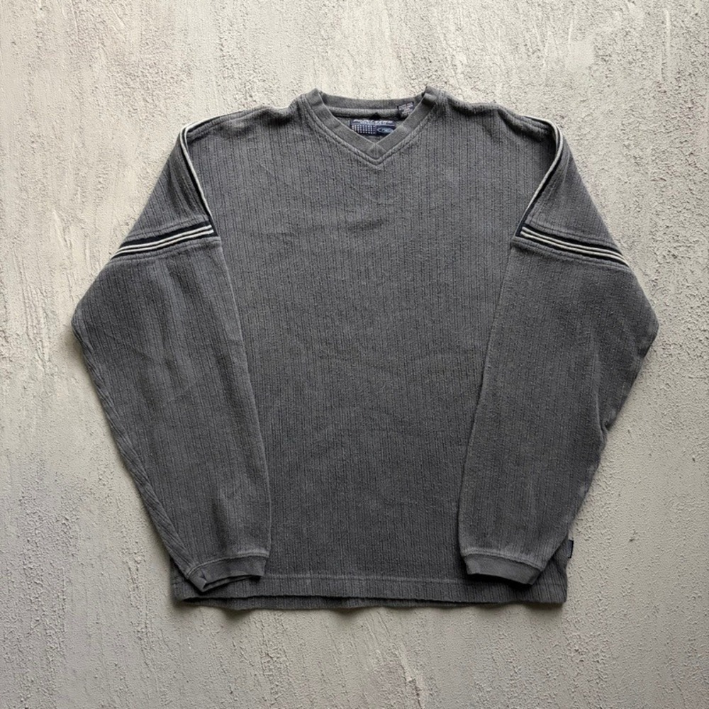 Vintage Point Zero Sweater Large Gray 2000s Y2K V-Neck Ribbed Striped Sleeve
